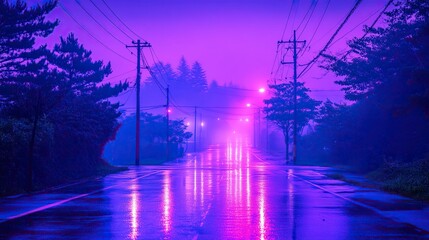 Obraz premium Rainy night road, neon lights, misty trees, urban fantasy, album art
