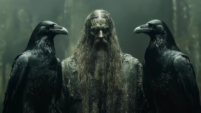 Odin with ravens Huginn and Muninn Norse mythology Viking god portrait