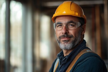 Confident Construction Worker. Skilled Male with Helmet and Safety Glasses at Worksite