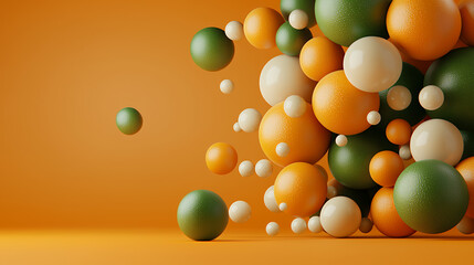 Abstract 3D Render Floating Orange Green Cream Spheres on Orange Background
