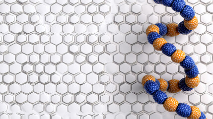 Abstract 3D Render Blue Orange Double Helix on Hexagonal Grid