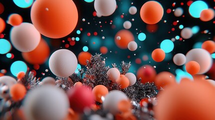Abstract 3D Rendering of Colorful Spheres and Metallic Structures