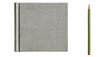 Gray fabric notebook resting closed beside a vibrant green pencil on a transparent background, ideal for various educational and creative projects, including writing and drawing