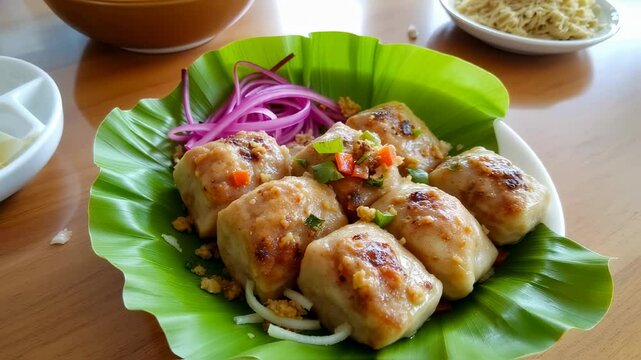 Delicious Burmese cuisine showcasing traditional mont lone yay baw dumplings