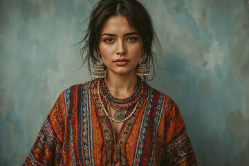 Boho Chic Woman Wearing Bold Colorful Textile and Ethnic Jewelry Portrait with Artistic Background