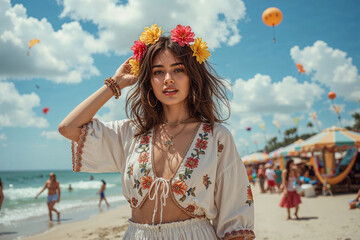 Glamorous Young Woman in Bohemian Style at Vibrant Beach Festival on Sunny Day