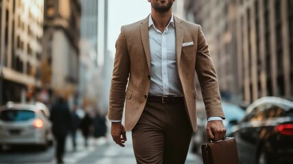 Confident businessman walking in city with briefcase in slow motion - Powered by Adobe