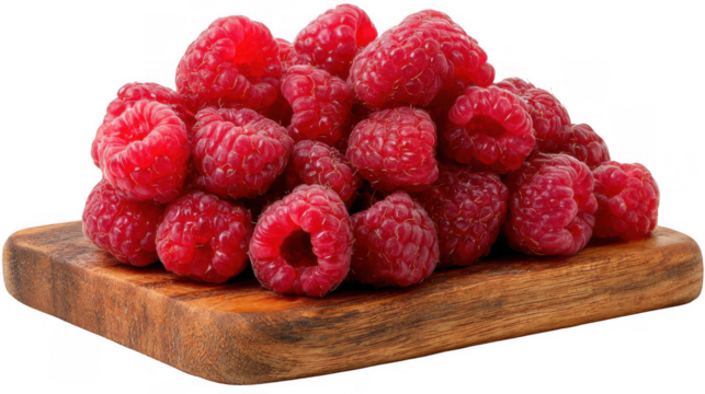 Vibrant red raspberries form a tempting mound on a rustic wooden cutting board, captured against a transparent background, ready to be incorporated into various culinary or design projects