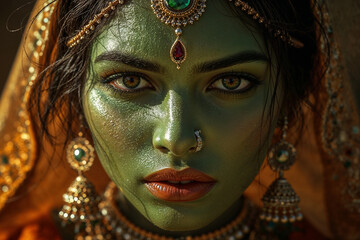 Surreal Tribal Princess Closeup Portrait with Emerald Green Skin, Traditional Jewelry, and Intense Gaze in Vibrant Orange and Gold Tones