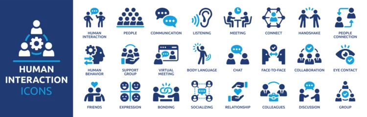 Selbstklebende Fototapeten Human interaction icon set. Communication, people, connection, friends, chat, bonding, socializing, group, relationship and more. Solid vector icons collection. © Icons-Studio