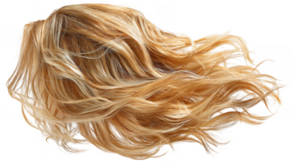 Long, wavy blond hair with highlights is flowing freely, giving a sense of movement and dynamism, isolated on a transparent background, perfect for beauty and hair care projects