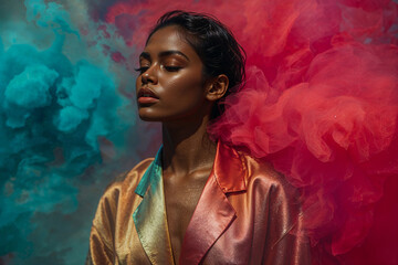 Elegant Dark-Skinned Woman with Closed Eyes Amid Vibrant Colored Smoke — Artistic Portrait Photography for Fashion and Beauty