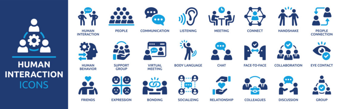 Human interaction icon set. Communication, people, connection, friends, chat, bonding, socializing, group, relationship and more. Solid vector icons collection.