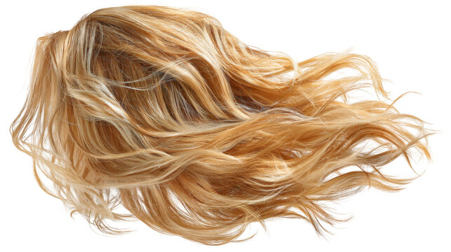 Long, wavy blond hair with highlights is flowing freely, giving a sense of movement and dynamism, isolated on a transparent background, perfect for beauty and hair care projects