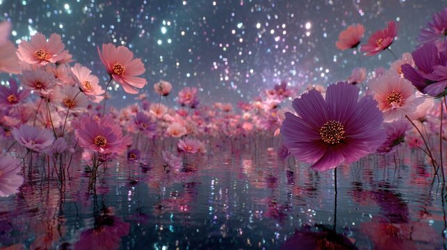 Pink cosmos flowers bloom in a starlit water meadow