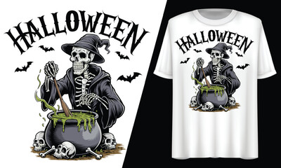 Fototapeta premium Halloween Skeleton Witch Cauldron, T-Shirt Design. 