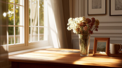 Elegant Flower Vase on Wooden Table in Sunlit Home Interior