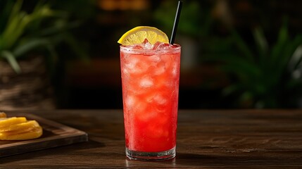 Red cocktail, ice, lemon, bar, tropical background, menu