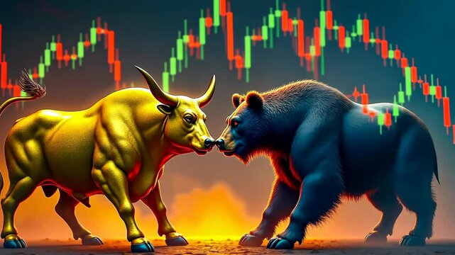 Trading risk, Market volatility, Investment uncertainty. Economic trends. Bulls combat amidst rising graphs. Bears impact global finance significantly. Stock fluctuations affect investor sentiment.