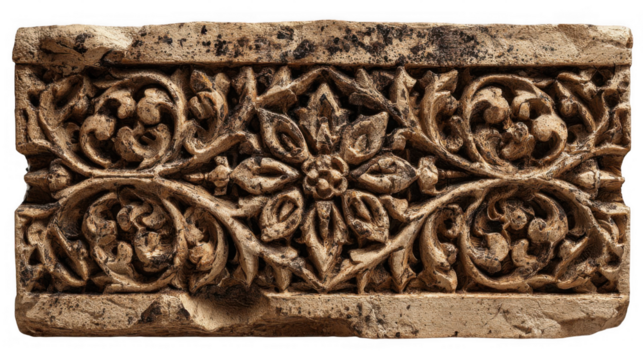 Intricately carved floral pattern adorns a rectangular stone block, showcasing detailed artistry and craftsmanship against a transparent background, perfect for design projects
