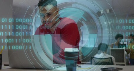 Male worker typing on laptop and starting holographic interface with streaming binary code for tech - Powered by Adobe