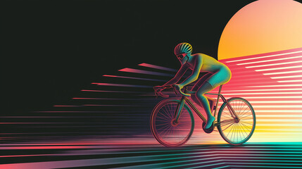 Fototapeta premium Neon Cyclist Silhouette with Retro Synthwave Sunset Background
