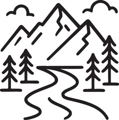 "Black and white vector of minimalist mountains, trees, rivers in line art style"