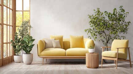 A bright living room features a mustard yellow sofa and armchair with light wood legs, complemented by potted plants and a wooden side table.  Natural light streams in from a large window