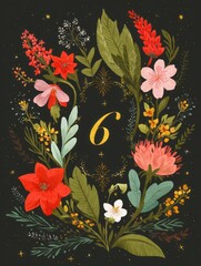 A black and white drawing of a flowery border with the number 6 in gold