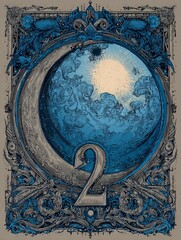 A blue and white poster with a moon and stars on it