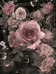 A black and white drawing of a rose with the number 5 written below it