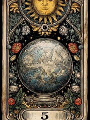 A drawing of a globe with a sun in the background