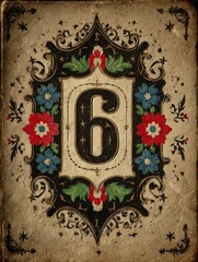 A vintage looking card with a flowery border and the number 6 in the middle