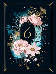 A blue and pink floral design with a gold number 6 in the middle