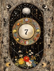 A black and white drawing of a circle with the number 7 in the center