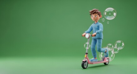 Boy on scooter with bubbles on green screen