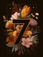 A black and white floral design with the number 7 in gold