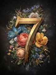 A colorful flowery number 7 is displayed in a black background