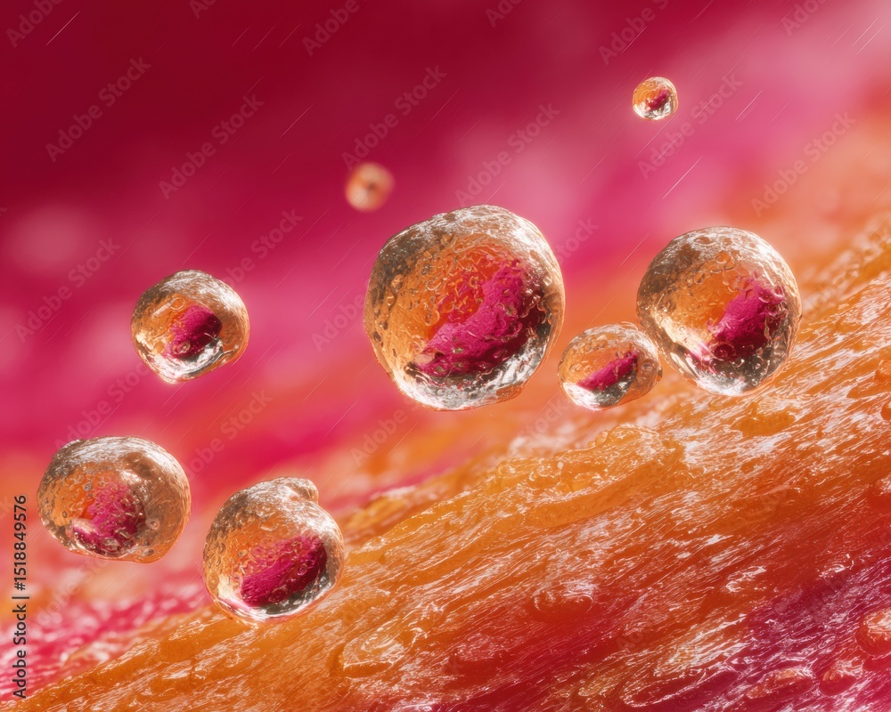 Poster Close-up Macro of Water Droplets on Colorful Textured Surface with Vibrant Pink and Orange Background for Modern Digital Art and Design