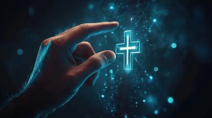 A hand interacts with a glowing cross symbol on a digital interface.