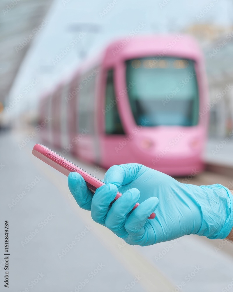 Poster urban commuter using smartphone navigation app at tram station with pink tram in background, showcas