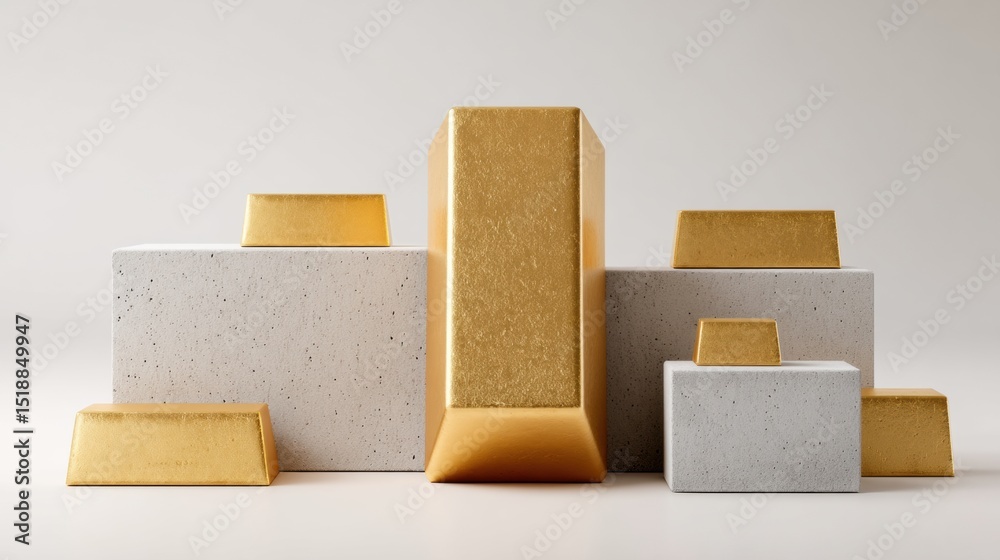 Poster Premium Gold Bars Hierarchically Arranged on Concrete Blocks Symbolizing Tangible Asset Wealth and Secure Investment Portfolio in Modern Luxury Context