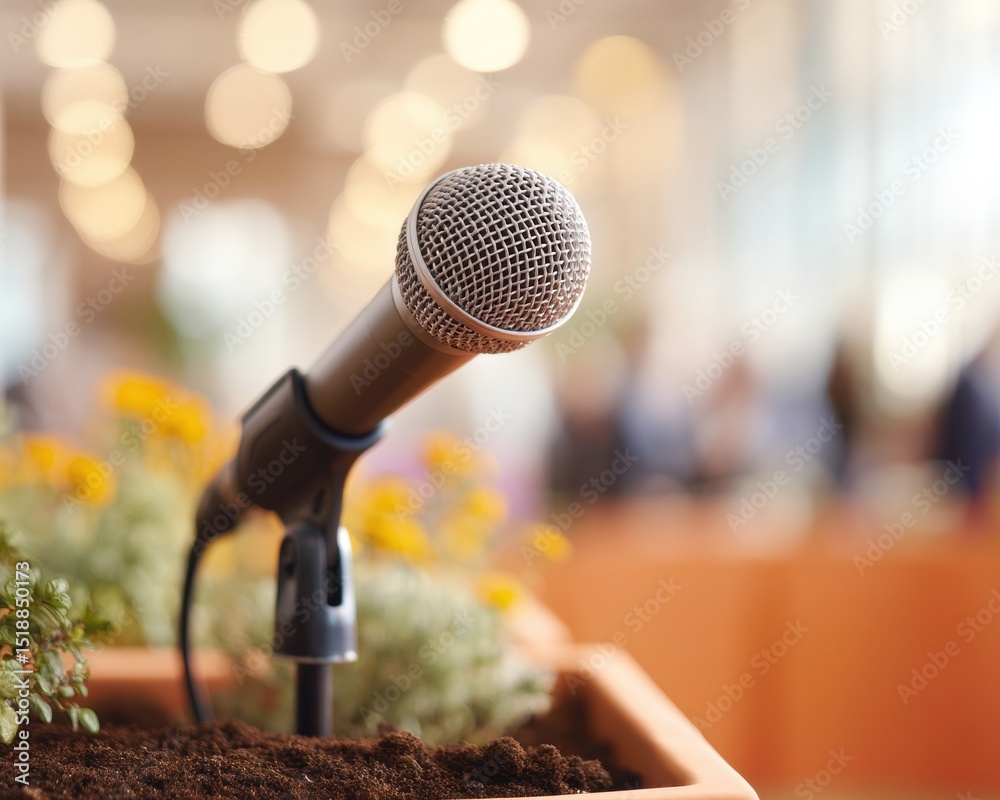 Poster professional microphone on stand with sponsor logo in focus at event modern audio-visual branding fo