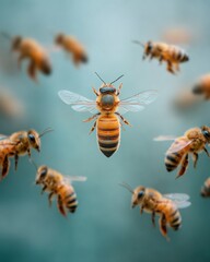 Selective Focus on Queen Bee Surrounded by Protective Worker Bees Representing Leadership and Risk Management for Security Branding