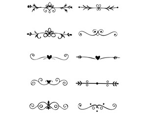 Text dividers doodle set. Wedding decorative elements. Divider ornament, borders, vintage line separators. Hand drawn vector illustration isolated on white background
