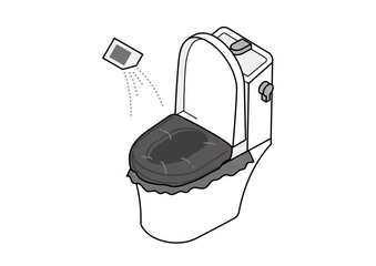 凝固剤を振りかけている簡易トイレのイラスト