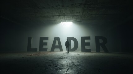 Silhouette of Leader Standing Before Giant Word in Dark, Foggy Tunnel - Dramatic Leadership Concept Image