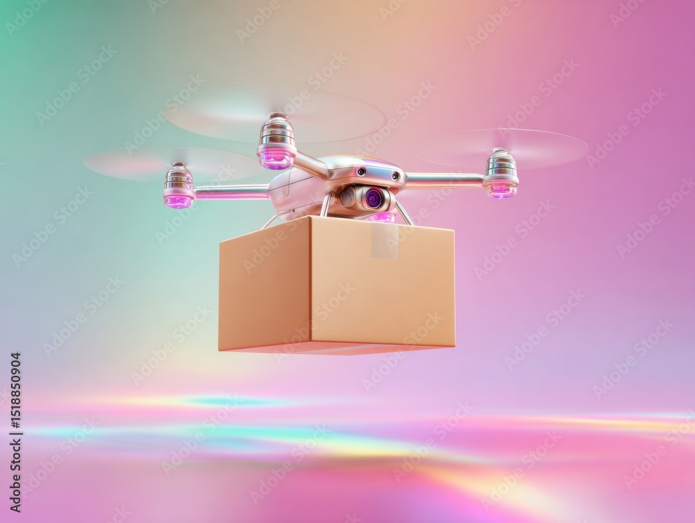 Poster Futuristic Parcel Drone Delivery Quadcopter Carrying Shipping Box on Soft Gradient Background for E-commerce and Automated Logistics Solutions