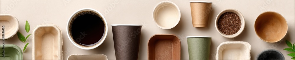 Poster overhead view of biodegradable packaging materials and containers in geometric layout, showcasing ec