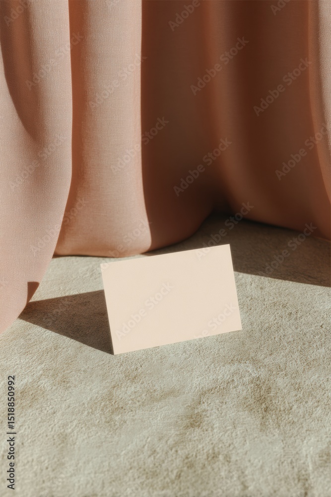 Aufkleber Minimalist business card mockup on textured surface with warm tonal shadows and soft fabric backdrop for modern branding and professional networking